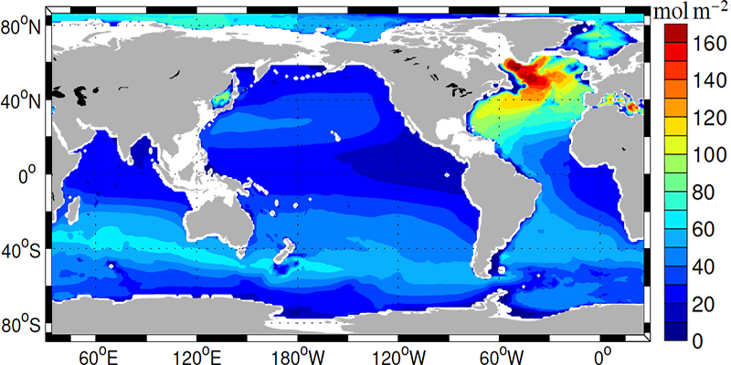 Global map of anthropogenic carbon concentration in the ocean